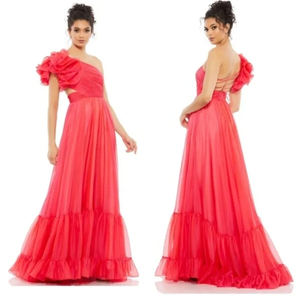 NWT Mac Duggal A67941 Pink Chiffon Evening Gown Maxi Dress Corset Back 4 Ieena - Picture 2 of 12